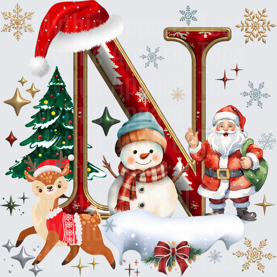 Christmas Letter N Monogram with Santa Claus Snowman Reindeer and Christmas Tree Holiday Design