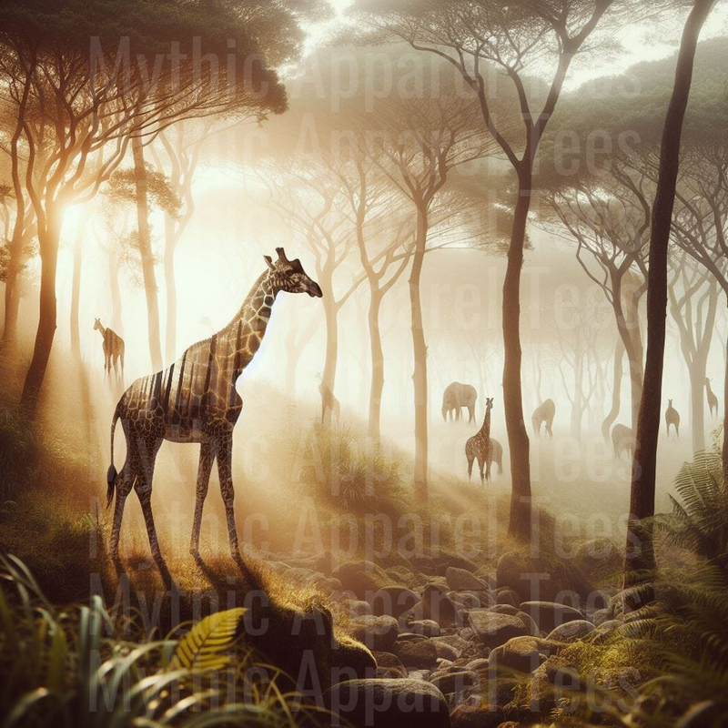 Majestic Giraffes and Elephants in Misty African Woodland at Golden Sunrise