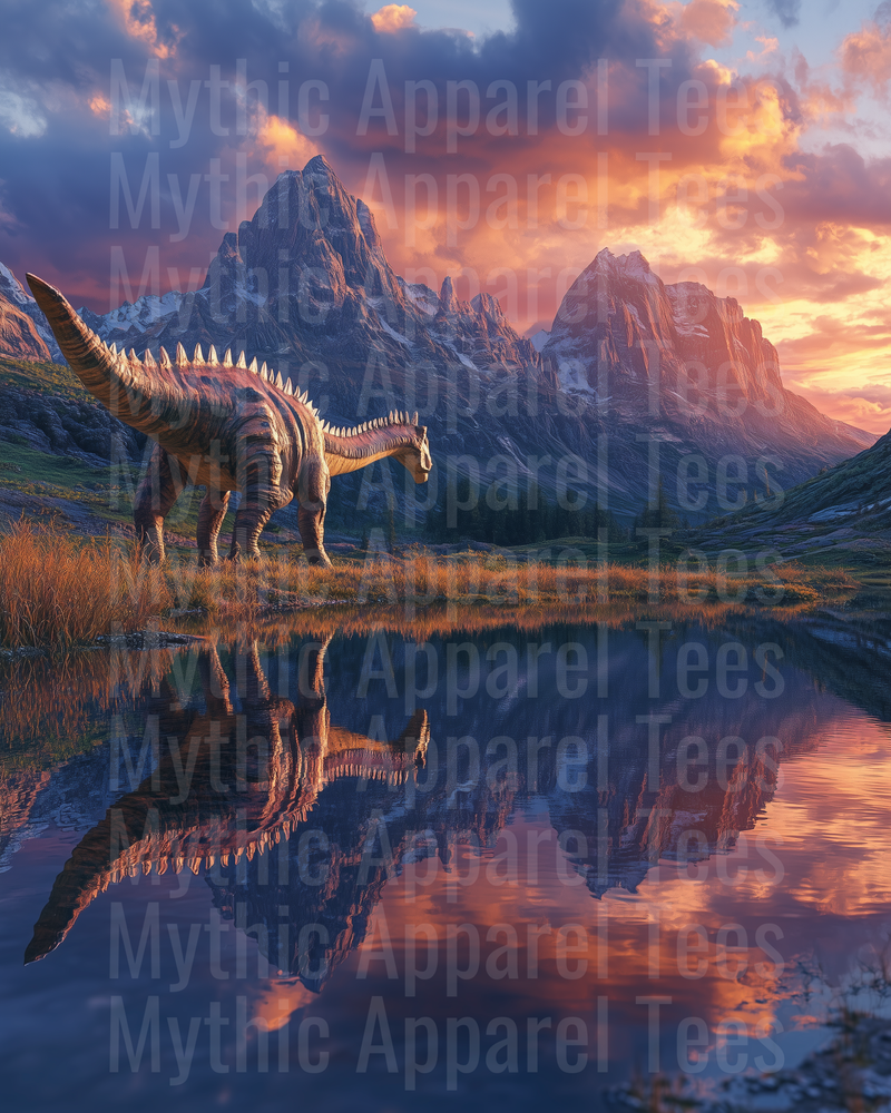 Spiked Sauropod Dinosaur Reflected in Mountain Lake at Fiery Sunset