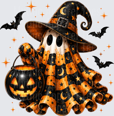 Halloween Witch Ghost with Orange Black Striped Sheet Stars Moons Witch Hat Jack O Lantern Candy Bucket and Flying Bats