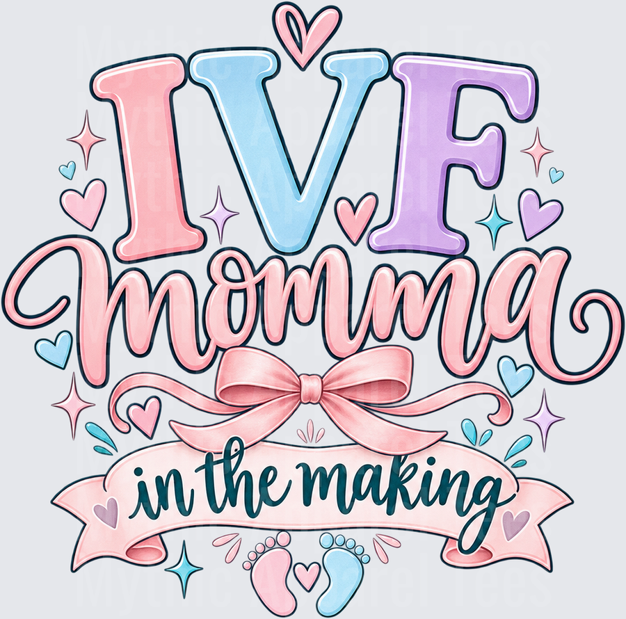 IVF Momma In The Making Colorful Letter Design with Pink Bow Baby Footprints and Hearts