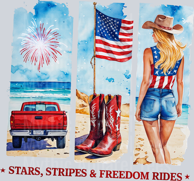 Cowgirl American Flag Fireworks Truck Brushstroke Stars Stripes adn Freedom rights Red White and Blue DTF Western Patriotic Transfers