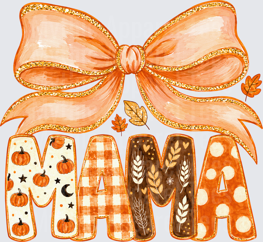 Fall Designs Mama Fall Patterned Letters with Pumpkins Buffalo Plaid Wheat and Polka Dots Under a Gold Glitter Peach Bow with Autumn Leaves