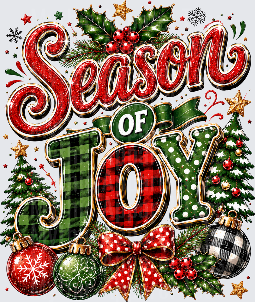 Season of Joy Buffalo Plaid and Polka Dot Christmas Typography with Holly Ornaments and Trees