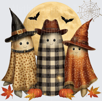 Halloween Autumn Ghost Trio Full Moon Bats Pumpkins Fall