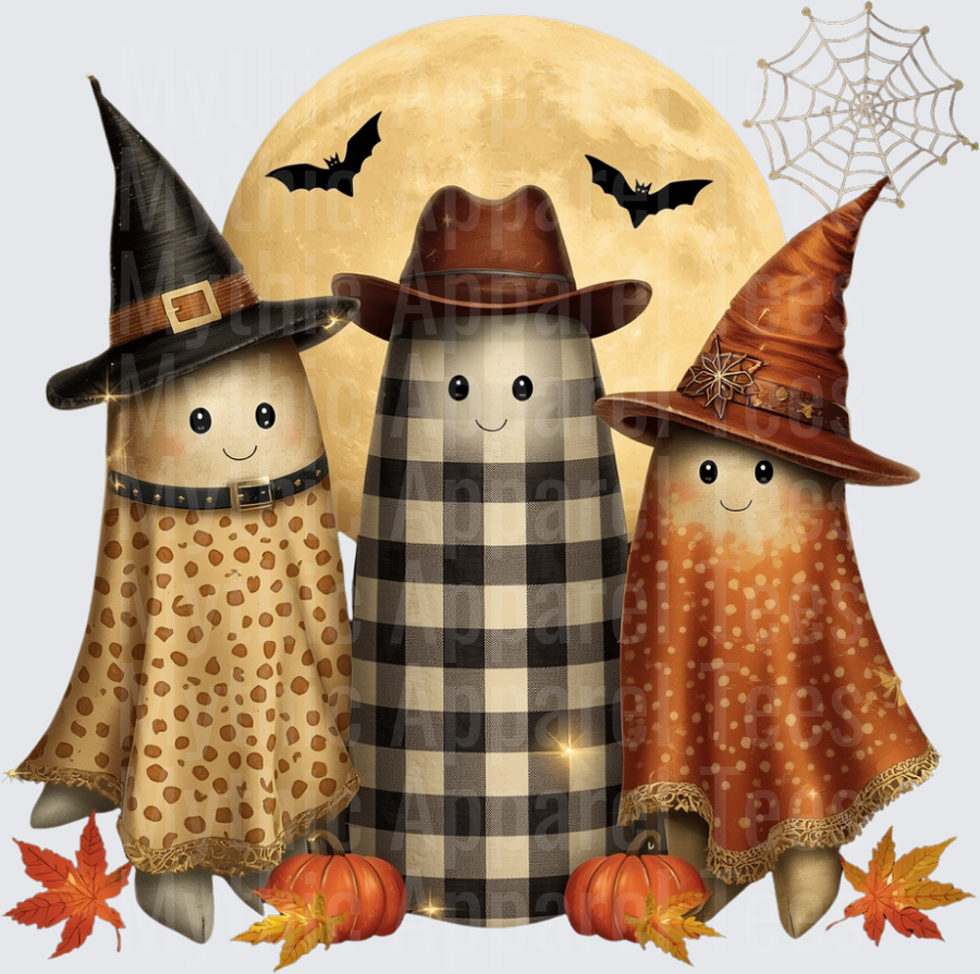 Halloween Autumn Ghost Trio Full Moon Bats Pumpkins Fall