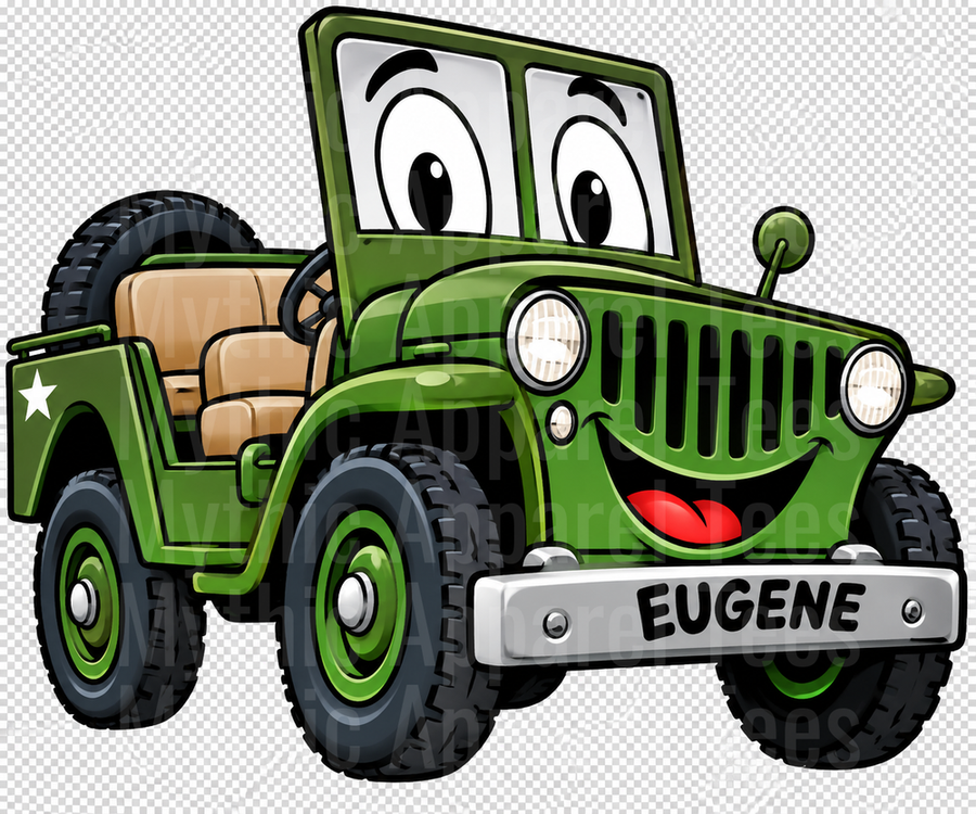 Eugene the Jeep Smiling Cartoon Military Willys Jeep with Eyes and Name Plate Green Army Star Off-Road Vehicle Character