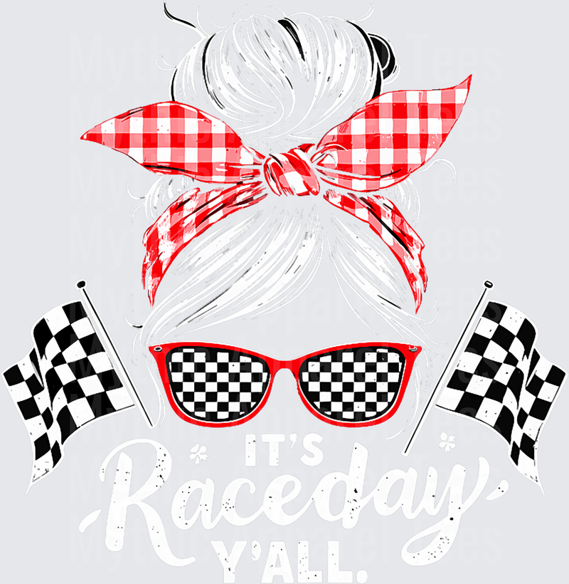 Messy Bun Woman Red Checkered Bandana Checkered Flag Sunglasses It's Raceday Y'all Racing