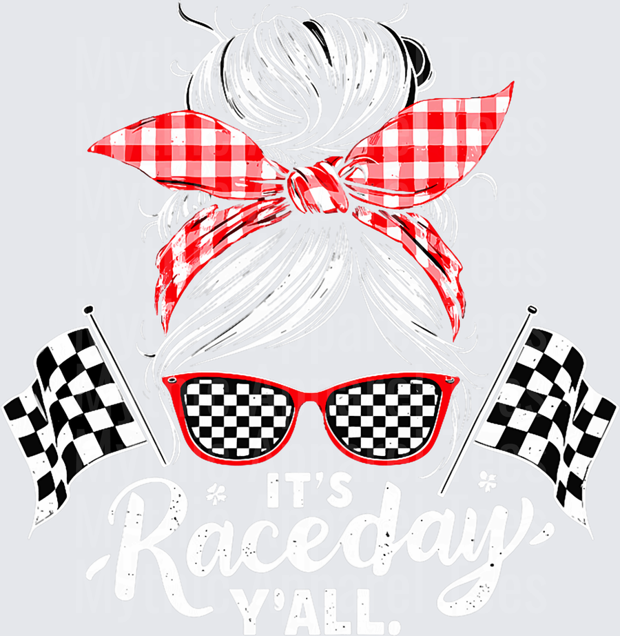 Messy Bun Woman Red Checkered Bandana Checkered Flag Sunglasses It's Raceday Y'all Racing
