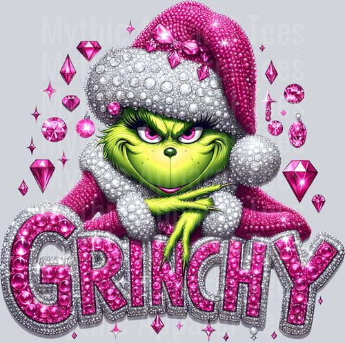 Grinchy glitter Grinch Smiling Christmas Pink Words DTF Grinch Transfers