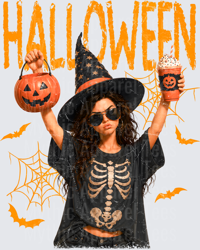 Halloween Witch Girl with Skeleton Shirt Pumpkin Bucket and Jack-O-Lantern Frappuccino Spiderwebs and Bats
