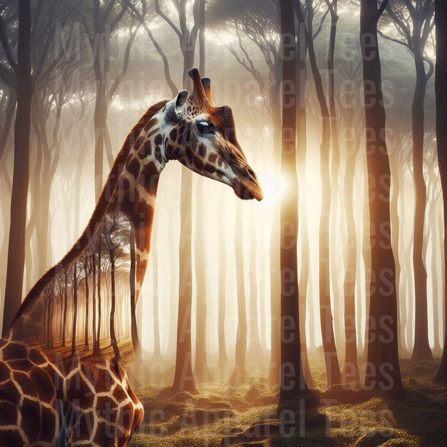 Majestic Giraffe Portrait in Misty Sunlit Forest with Tall Trees and Golden Light
