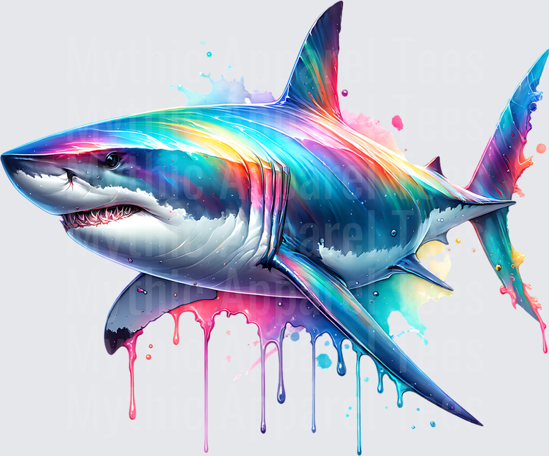 Ocean Animals Rainbow Watercolor Great White Shark with Drips