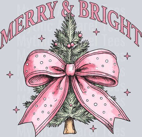 Merry and bright big pink bow on tree DTF Christmas Transfers