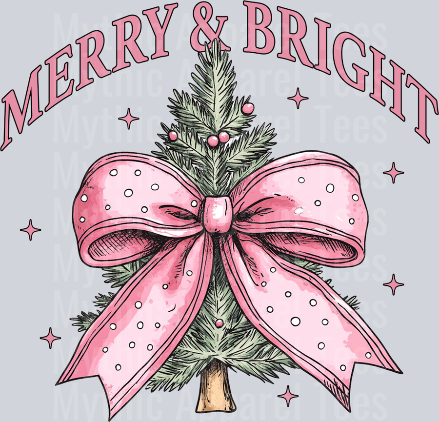 Merry and bright big pink bow on tree DTF Christmas Transfers
