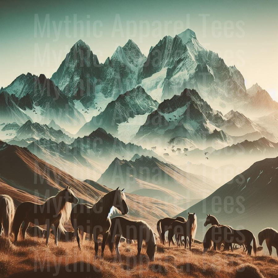Wild Horse Herd Grazing on Mountain Meadow with Snow-Capped Alpine Peaks and Misty Valley