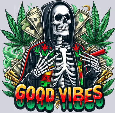 Skeleton GOOD VIBES Rasta Colors floral colors weed plant DTF Weed Transfers