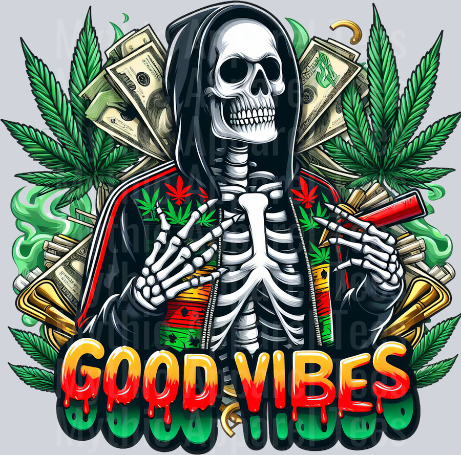 Skeleton GOOD VIBES Rasta Colors floral colors weed plant DTF Weed Transfers