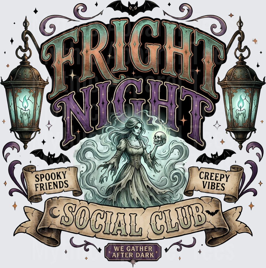 Fright Night Social Club Gothic Ghost Woman Holding Skull Spooky Friends Creepy Vibes We Gather After Dark Vintage Lanterns Bats Halloween