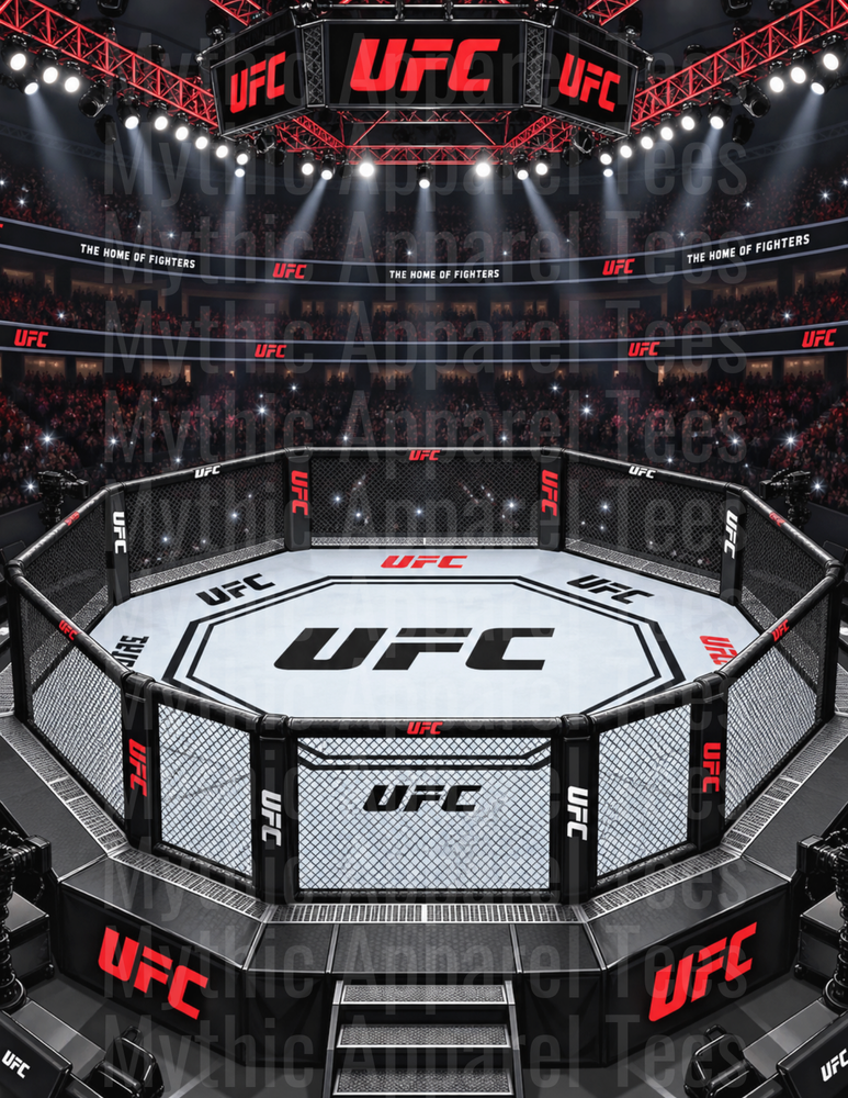 UFC Octagon Arena Aerial View with Packed Stadium and Bright Spotlights