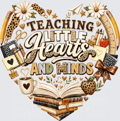 Teaching Little Hearts and Minds Heart Shaped Teacher Design with Books Pencils Leopard Print and School Supplies