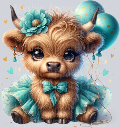Cute Highland Cow Baby Teal and bow balloon and flower DTF Precious Highland Cow Transfers