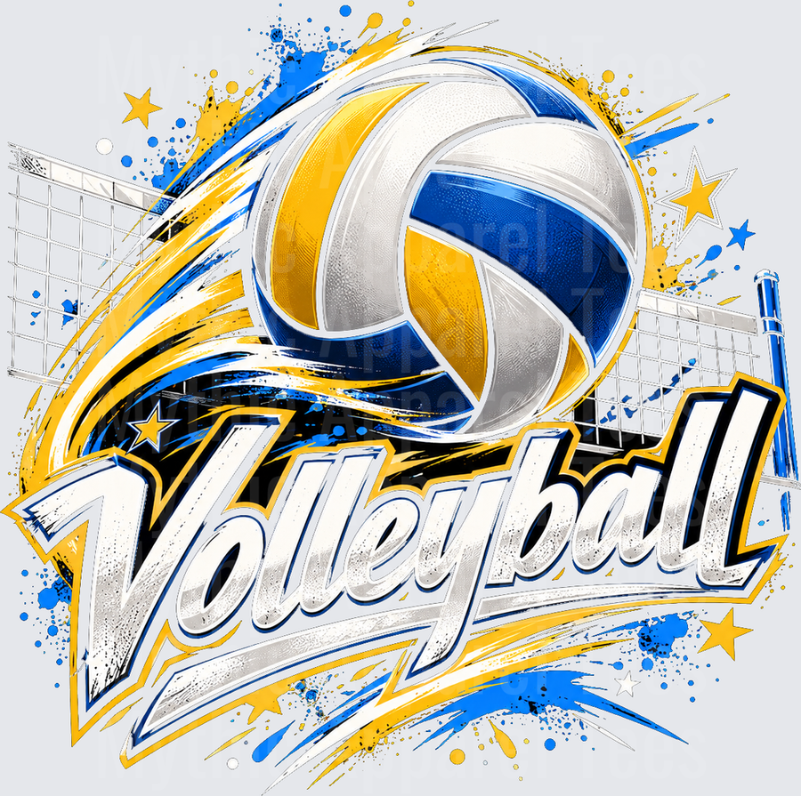 Volleyball Bold Script with Blue Gold Paint Splash Net and Stars