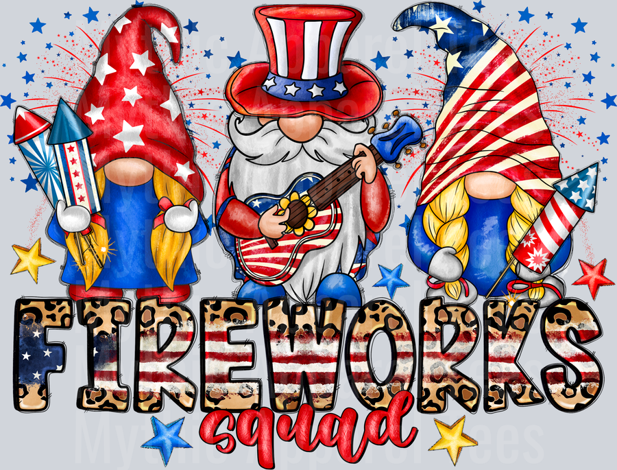 Fireworks Squad Gnome 4th of july DTF Patriotic Transfers
