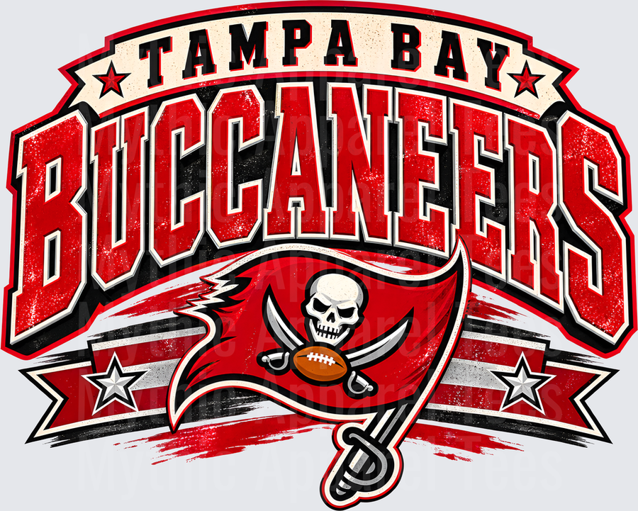 Tampa Bay Buccaneers Bold Vintage Distressed Logo with Skull Flag and Crossed Swords Football Graphic