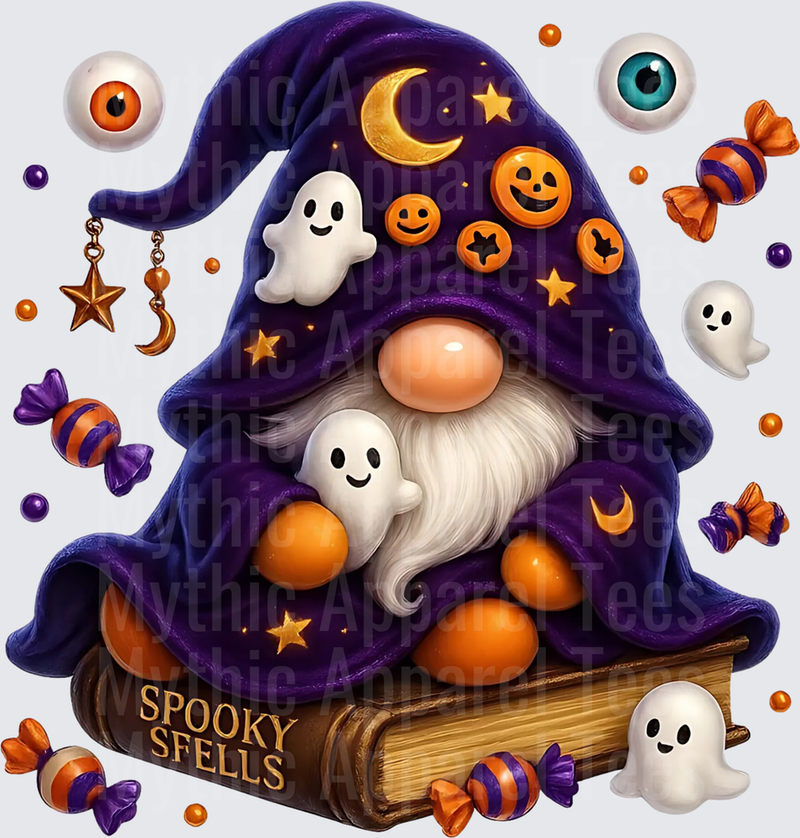 Halloween Gnome Wizard in Purple Robe Sitting on Spooky Spells Book Surrounded by Ghosts Candy and Eyeballs