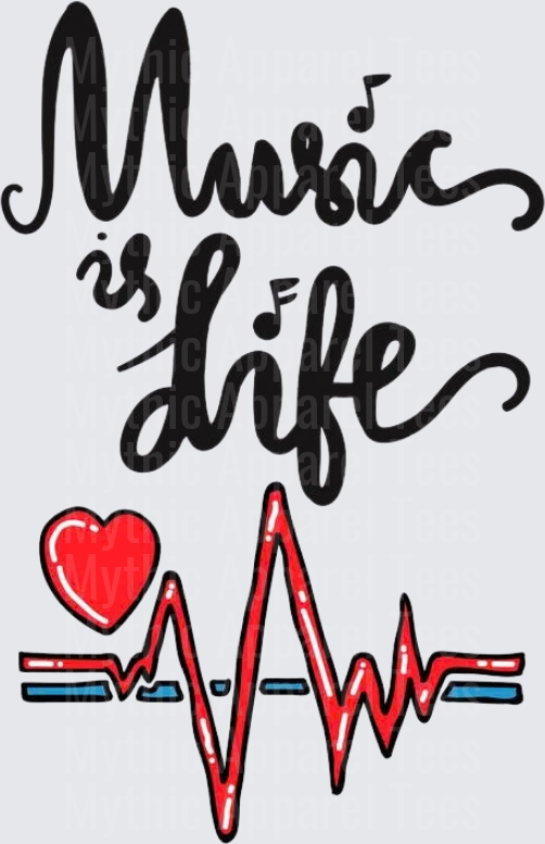 Music Is Life Script Lettering with Heart and EKG Heartbeat Line
