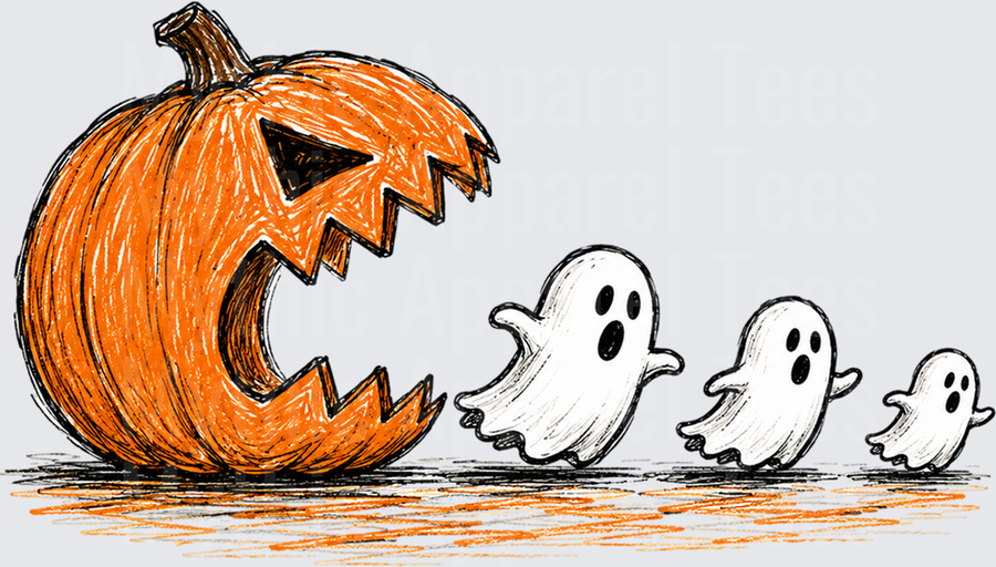 Halloween Jack-O-Lantern Chasing Three Ghosts Sketch Art