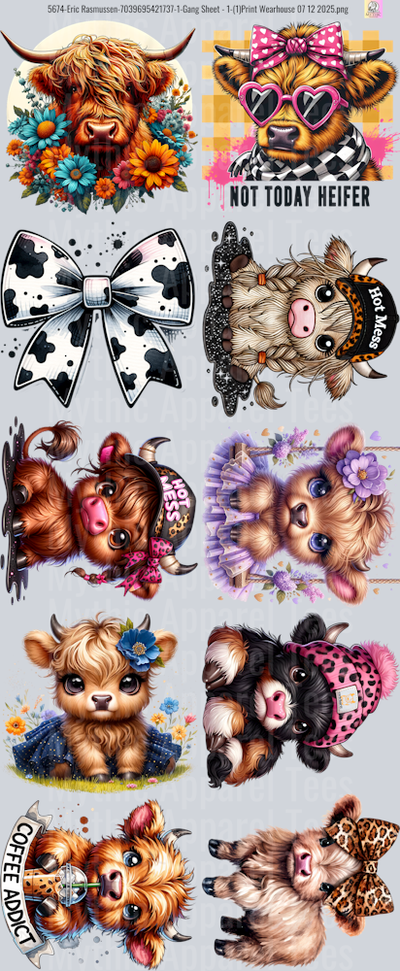 Highland Cow Gang Sheet 10 Full Size Transfers