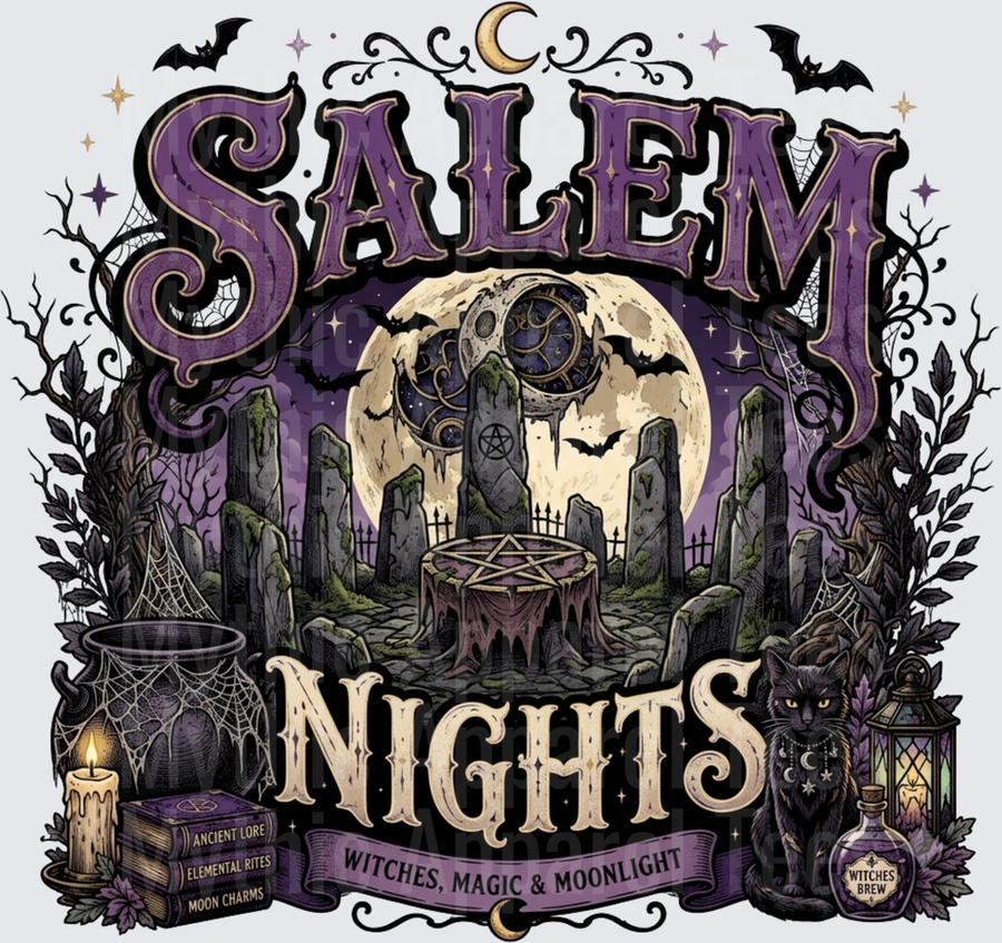 Salem Nights Witches Magic and Moonlight Gothic Stone Circle Pentagram Full Moon Black Cat Witches Brew Bats Halloween