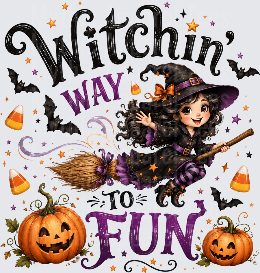 Witchin Way To Fun Cute Little Witch Girl On Broomstick Jack O Lanterns Bats Candy Corn Stars Halloween