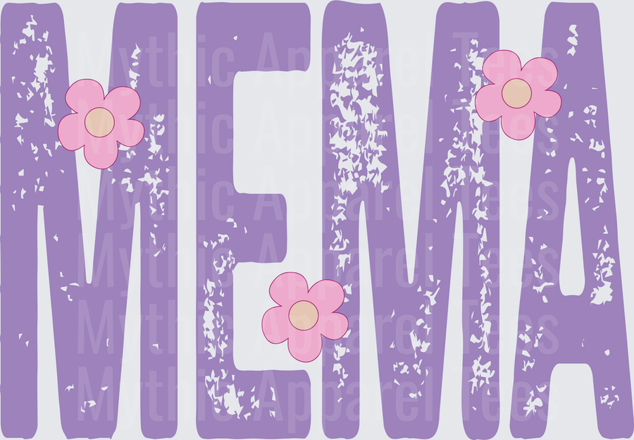 Mema Distressed Purple Letters with Pink Floral Accents Grandmother Name Design