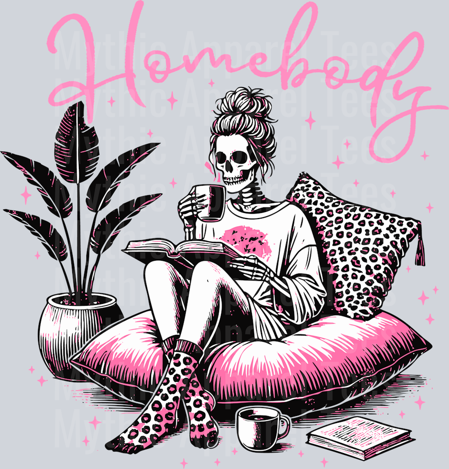 Homebody Pink text skull girl on couch DTF Skull Transfers