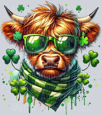 Dude Highland Cow with Green and Tan St Patrick's Day Scarf DTF Highland Cow Transfers
