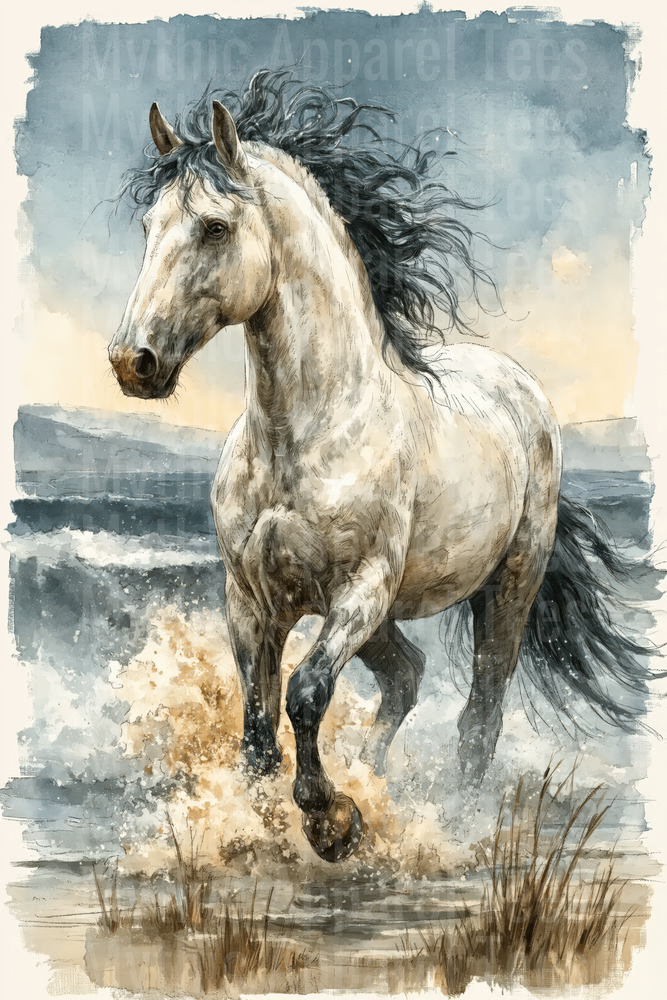 Majestic White Horse with Dark Flowing Mane Galloping Through Ocean Surf Watercolor Illustration