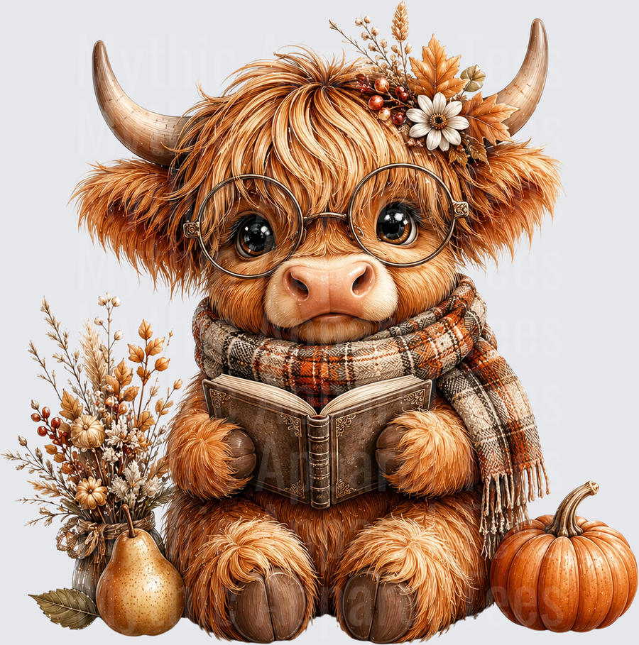 Cute Baby Highland Cow Reading a Book with Round Glasses Plaid Scarf Autumn Floral Crown Pumpkin and Pear Fall Harvest