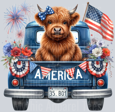 Dark blue truck with American Flag DTF Patriotic Highland Cow Transfers