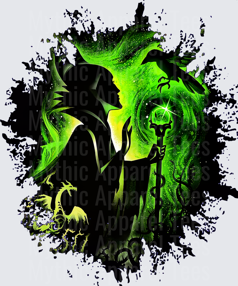 Maleficent Silhouette with Glowing Green Staff Raven and Dragon Dark Magic Splash