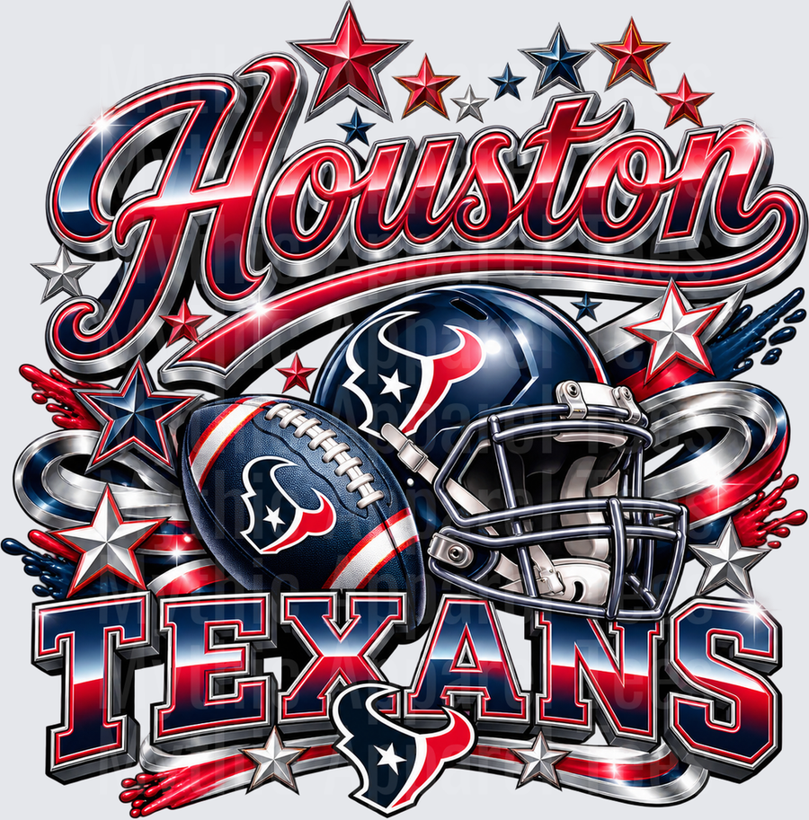 Gradient Polished Style NFL Houston Texans Bold Script Football Helmet Stars Red Navy Silver Glam Fan Design