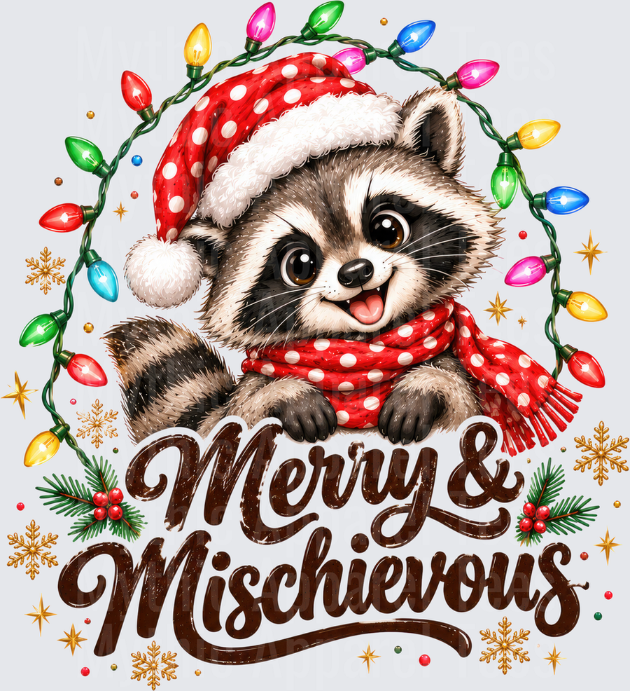 Merry & Mischievous Christmas Raccoon in Polka Dot Santa Hat and Scarf with Colorful Holiday Lights and Snowflakes