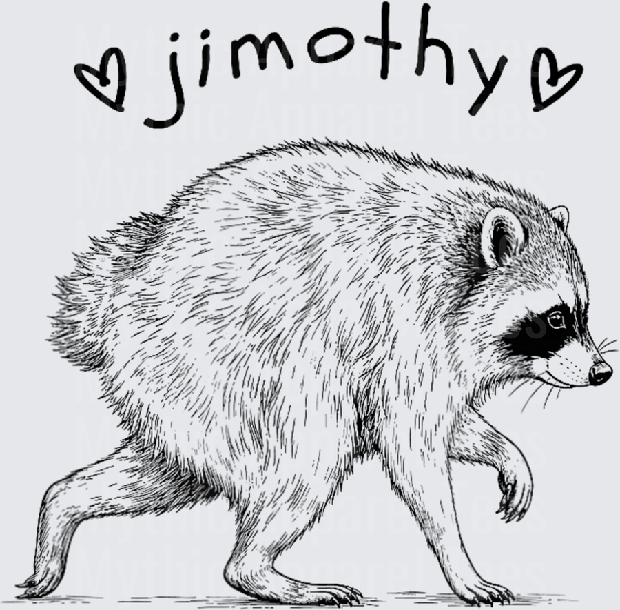 Jimothy the Raccoon Black and White Ink Drawing with Hearts