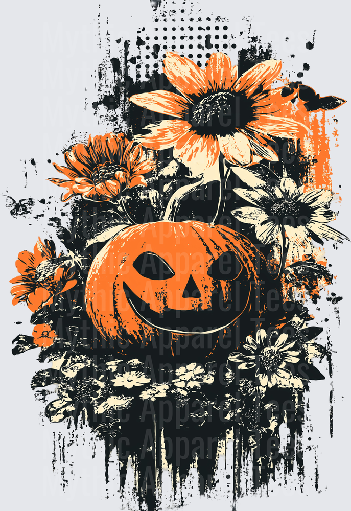 Distressed Halloween Jack-O-Lantern Grunge Floral Bouquet with Sunflowers and Wildflowers Ink Splatter Design