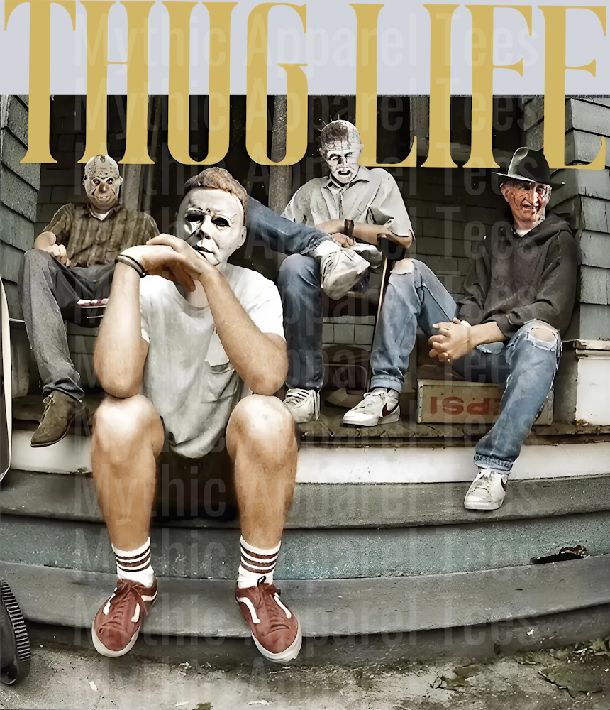 Gold Letters THUG LIFE Freddy Krueger Jason Vorhees Michael Myers Pennywise Gangster Pose Horror Movie DTF Thug Life Transfers