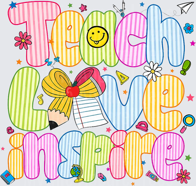 Teach Love Inspire Colorful Striped Bubble Letters Teacher School Supplies Doodle Design with Apple Pencil Smiley Face Stars and Flowers