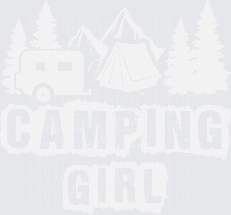 Camping Girl Distressed Rustic Camper Trailer Tent Pine Trees Mountain Outdoor Adventure Graphic
