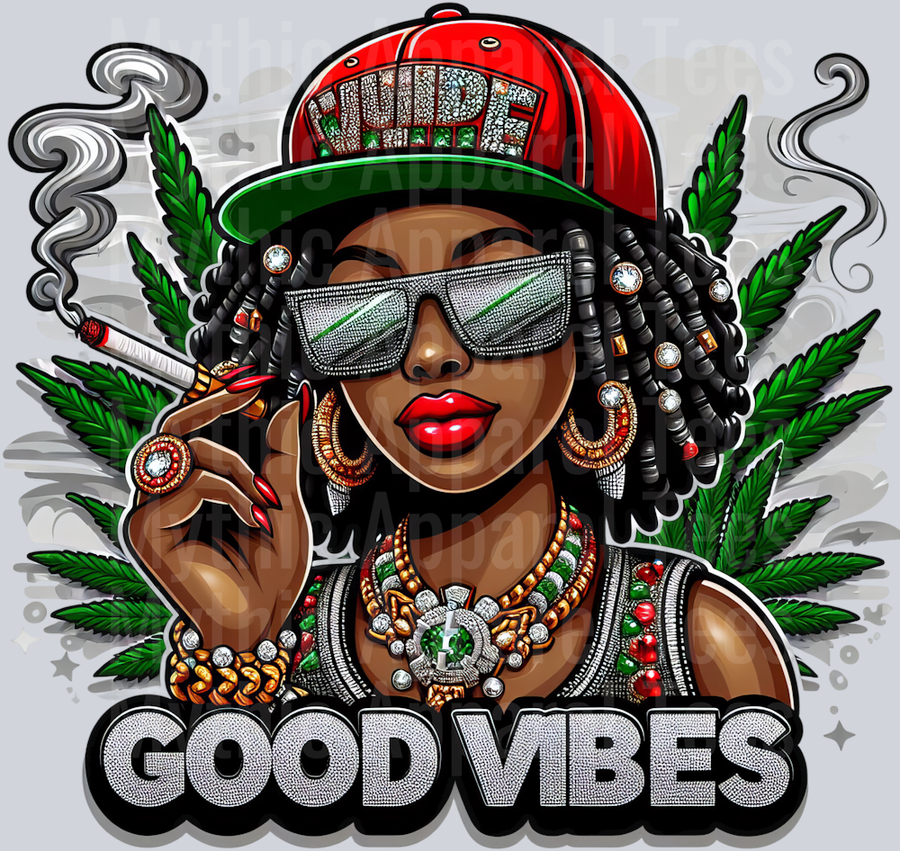 Girl GOOD VIBES Rasta Colors floral colors weed plant DTF Weed Transfers